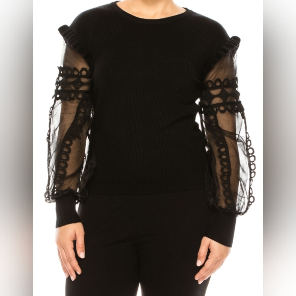 White Birch Tops - White Birch Lace adorned Mesh Sleeve Knit Top Black Shirt Size XL NWT MSRP $54.9